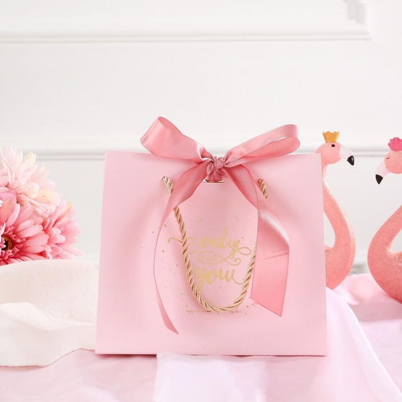 Pink Exquisite Package Thank You Gift Paper Bags With Ribbon